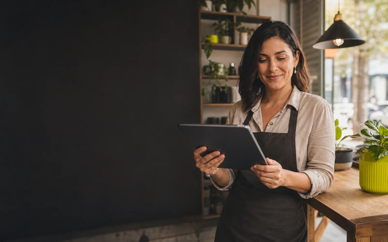 Emprendedora revisando la presencia digital de su negocio desde una tableta